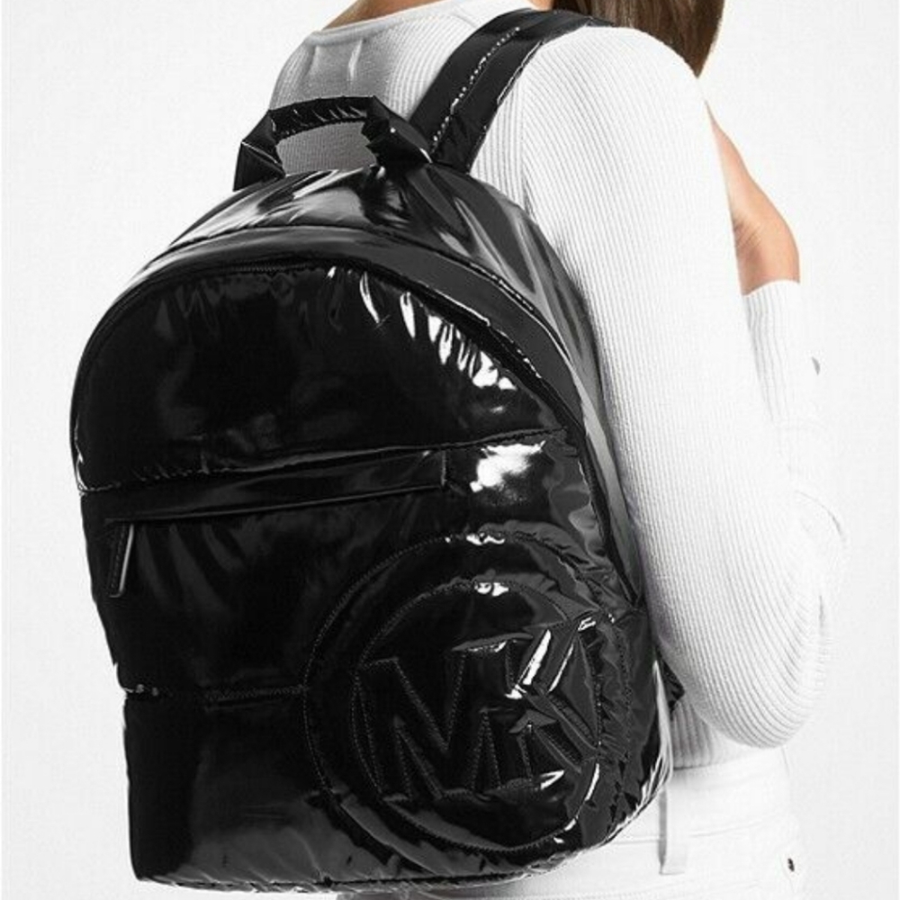 MICHAEL KORS Rae Medium Quilted Shiny Black Metallic Cotton Blend Backpack